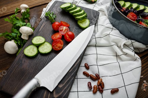 Preview: Fresh cutted vegetables, wooden background