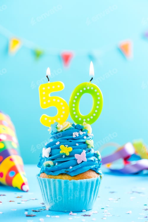 Preview: Fiftieth 50th birthday cupcake with candle. Card mockup.