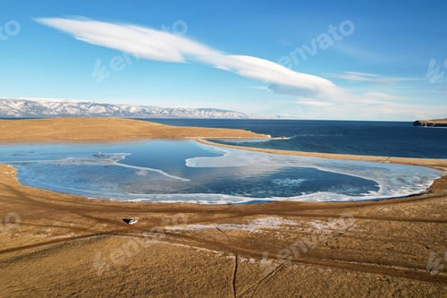 Preview: Winter landscape from the air. Ice on Lake Khankhoy on Olkhon Island