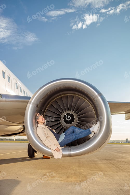 Preview: Cheerful woman resting in airplane engine at airfield