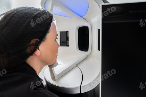 Preview: Woman undergoing skin analysis in a modern clinic setting