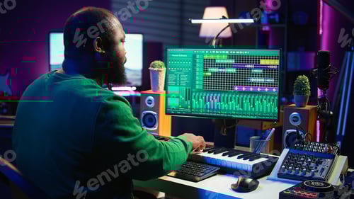 Preview: Bearded Man Creating Music with Synthesizer in Studio