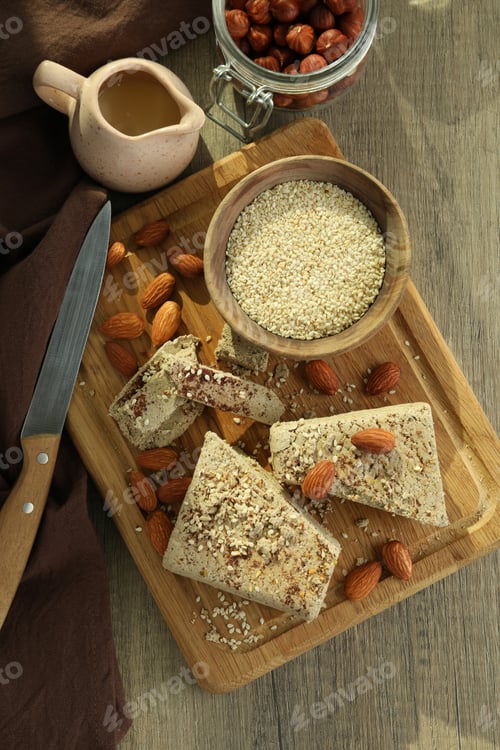 Preview: Concept of tasty food with halva on wooden background