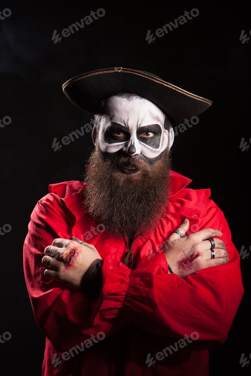 Preview: Actor with blood on his hands wearing a spooky pirate outfit