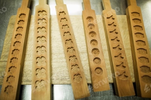 Preview: Shelves of wooden moulds for specialist treats, sweets called wagashi.