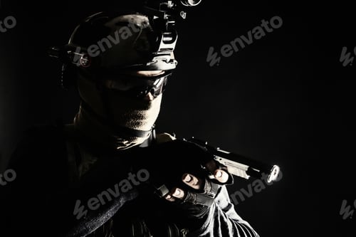 Preview: Police SWAT team fighter aiming service pistol