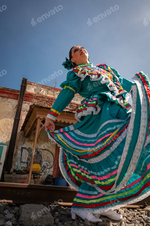 Preview: Traditional Mexican folkloric dancer in turquoise dress with colorful skirt captured in motion