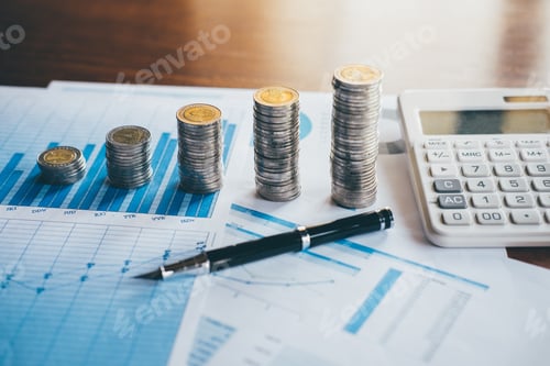 Preview: Financial Chart with Coins, Pen, and Calculator
