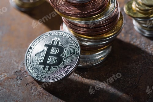 Preview: close up view of silver bitcoin leaning on stack of various bitcoins
