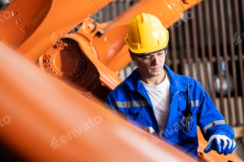 Preview: A team of engineers meeting to inspect computer-controlled steel welding robots
