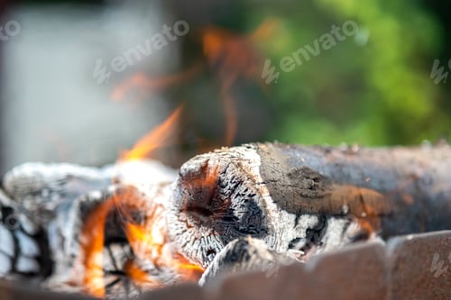 Preview: Close up of brightly burning wooden logs with yellow hot flames of fire.