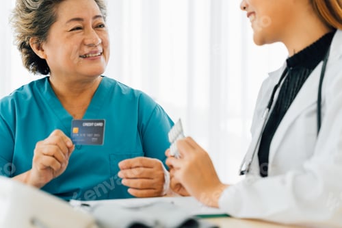 Preview: Elderly female patient paying for services with credit card at hospital