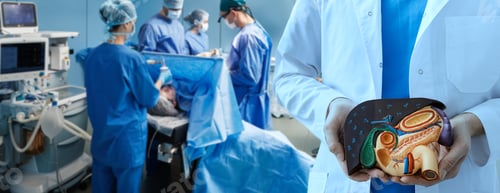 Preview: Liver resection, gallbladder and pancreas surgery. Hospital operating theater with surgery team