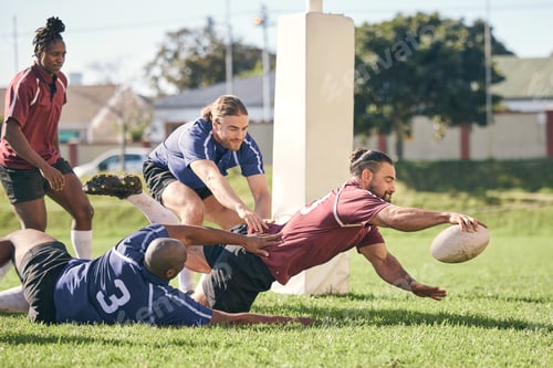 Preview: Rugby, sports and score with a team on a field together for a game or match in preparation of a com
