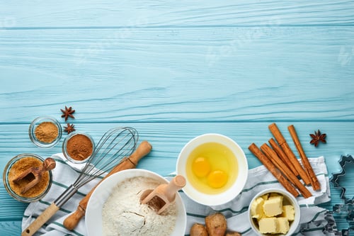 Preview: Baking background with ingredients for making gingerbread flour, eggs, kitchen tools, utensils and c
