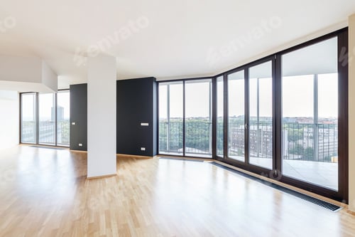 Preview: Modern white empty loft apartment interior with parquet floor and panoramic windows,