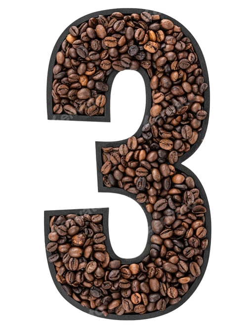 Preview: Number 3 made from roasted coffee beans on white isolated background.