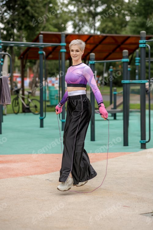 Preview: An elderly woman in sportswear jumps rope on a sports ground, outdoors. Exercises with equipment
