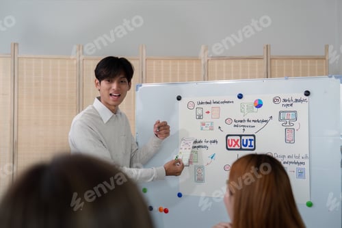 Preview: ux developer and ui designer presenting mobile app interface design on whiteboard in meeting at