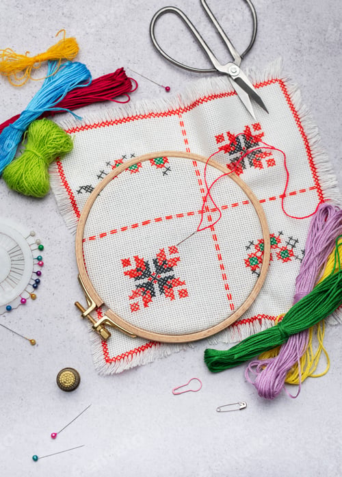 Preview: Embroidery with colored threads and various sewing accessories
