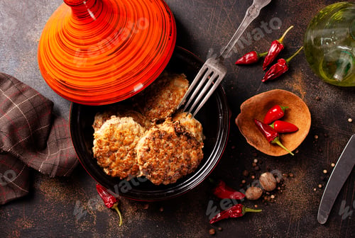 Preview: juicy delicious meat cutlets in bowl sprinkled with chili and other spices.