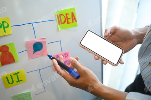Preview: Designer holding smartphone with a blank screen mapping out app ideas on a whiteboard