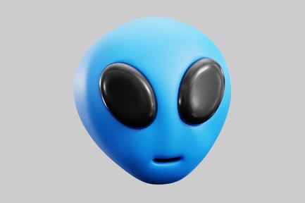 Aperçu: Tête bleue abstraite avec de grands yeux noirs et une petite bouche.