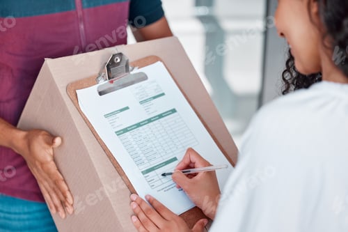 Preview: Documents, sign and delivery with a woman customer signing for a box or package at her home. Shoppi