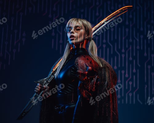 Preview: Cyberpunk style girl with fur and glowing sword