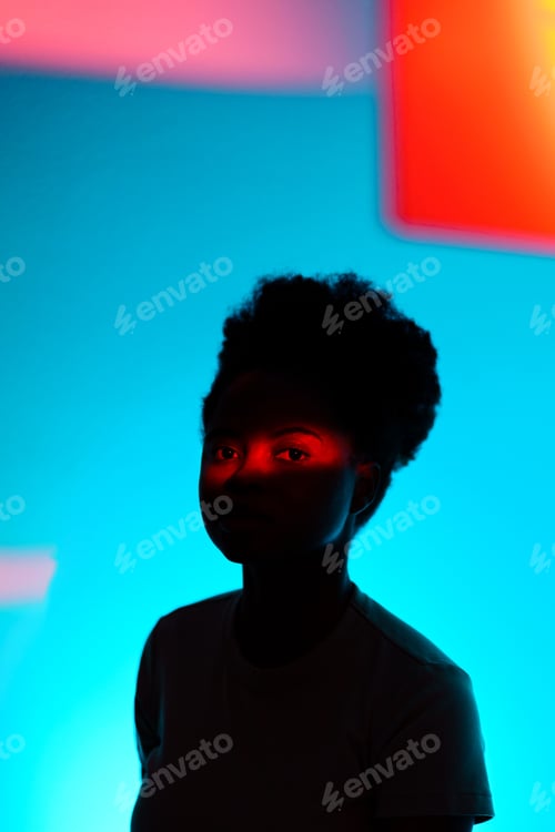 Preview: Dark fashion portrait of afro woman silhouette with high puff hairstyle and red neon light on face