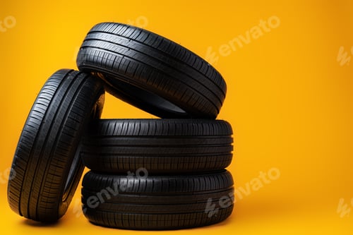 Preview: Car tires isolated on yellow background, close up