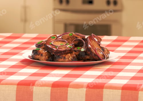 Preview: Plate of delicious barbeque with onion slices on a table with red and white checkered tablecloth
