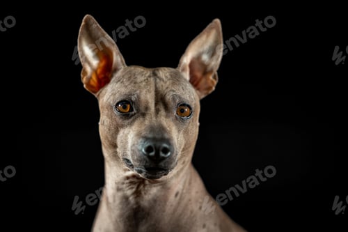 Preview: Cheerful American Hairless Terrier stands proudly against a deep black background