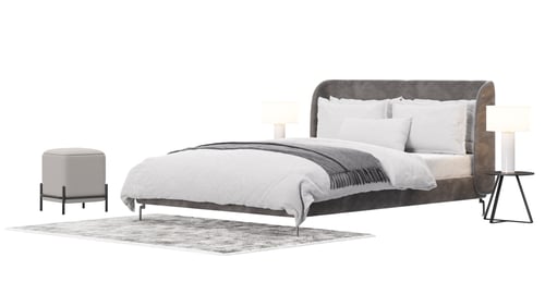 Preview: Double bed with carpet, pouf and lamps on white background, isolated. Side view. Gray and white