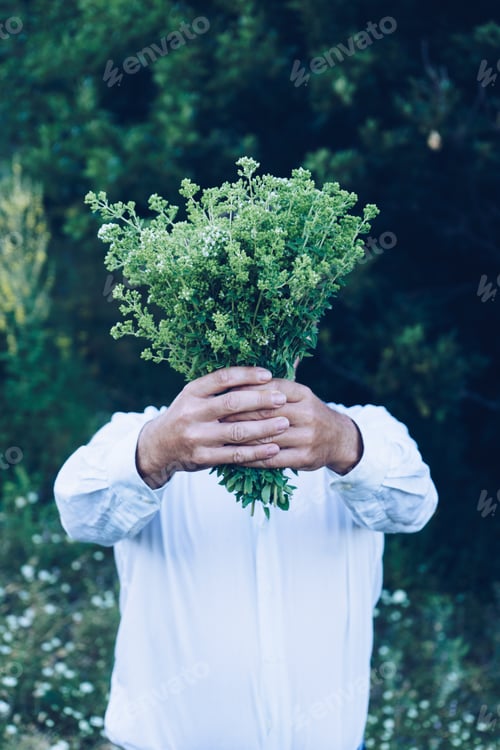Preview: Man Holds Flowers in Front of Face Outdoors