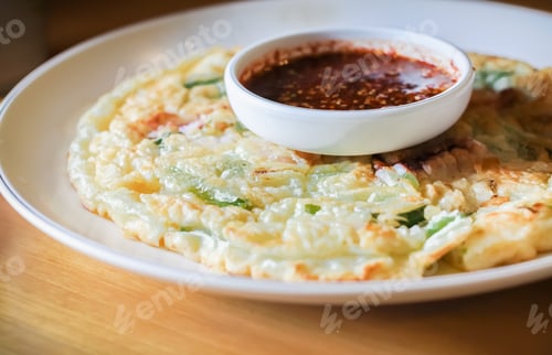 Savory Pancake with Dipping Sauce on a Plate