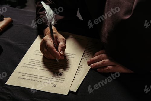 Preview: partial view of monk in black cassock writing chronicle on parchment