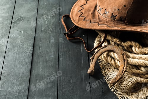 Preview: Hat and horseshoe on wooden table with rope and burlap, rustic western theme setup