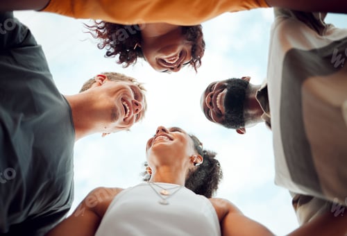 Preview: Friends, diversity and happy in circle with head for comic, joke or funny time together below. Grou