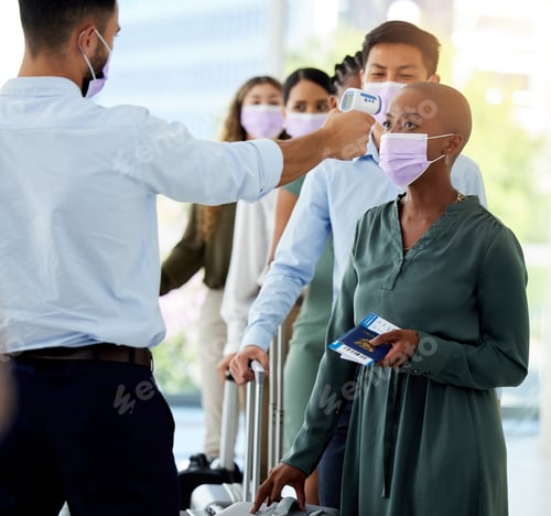 Preview: Airplane, passport and people get covid medical risk check or test for travel healthcare safety in