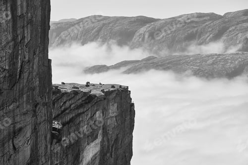 Preview: Norwegian fjord cloudy landscape. Lysefjorden area. Norway adventure tourism