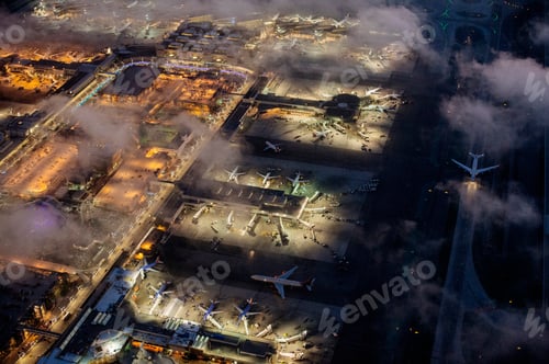 Preview: High angle view of airport illuminated at night, Los Angeles, California, USA