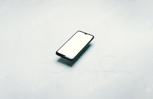 Preview: Stylized clean marble office working desk with smart phone, laptop, glasses and coffee