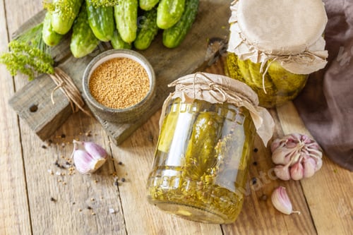 Preview: Salted pickled cucumbers with mustard preserved canned in glass jar.