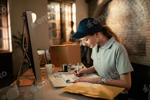 Preview: Young female courier filling paperwork in the office.