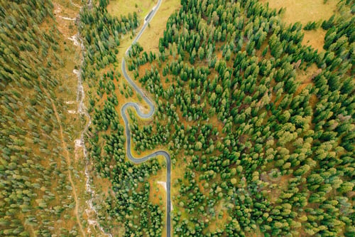 Preview: Top view of Snake Road winds through enchanting forests and picturesque autumn meadows.