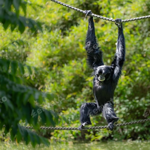 Preview: Playful monkey hangs from a rope suspended between two trees in a lush jungle setting