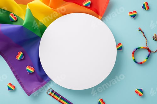 Preview: A flat lay of parade essentials for LGBT History Month. Top view of rainbow flag, pin badges