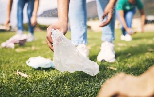 Preview: Plastic bag, recycle and community volunteer project with young people cleaning garbage and trash.