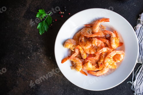Preview: Prawns Fried Shrimp Spices Delicious Vegetarian Portion On The Table For Healthy Meal Snack Outdoor
